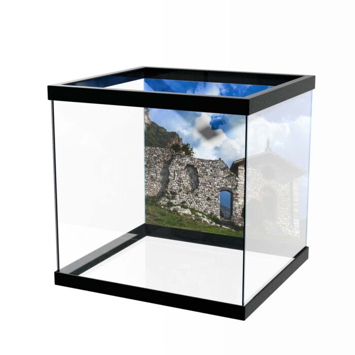 Historic Mountain Ruins make a perfect background for any fresh or salt water tank or aquarium as well as dry terrariums.